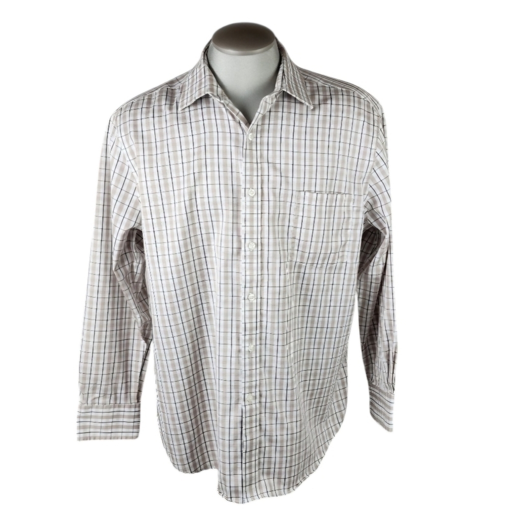 Michael Michael Kors Button Front Dress Shirt Plaid Tan Black White Size 17 1/2